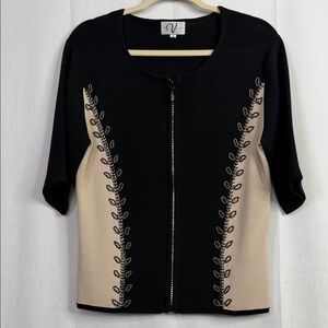 Vintage Variations Black Cream Short Sleeve Rhinestone Zip Embellished Sweater